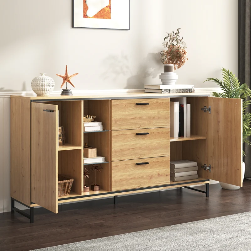 Buffet effet bois et noir 3 tiroirs, 3 niches et 2 portes avec éclairage LED UVAT