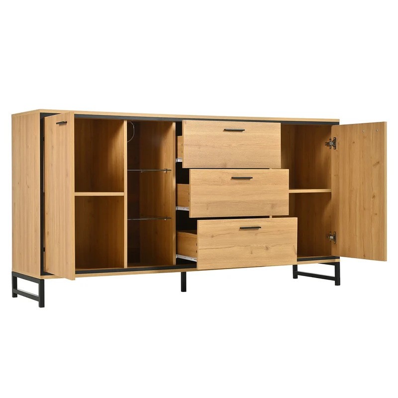 Buffet effet bois et noir 3 tiroirs, 3 niches et 2 portes avec éclairage LED UVAT
