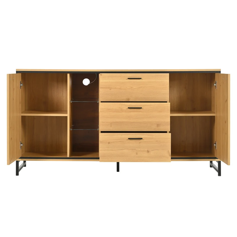 Buffet effet bois et noir 3 tiroirs, 3 niches et 2 portes avec éclairage LED UVAT