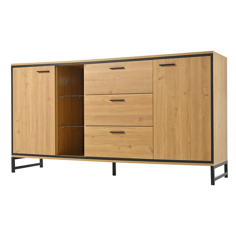 Buffet effet bois et noir 3 tiroirs, 3 niches et 2 portes avec éclairage LED UVAT