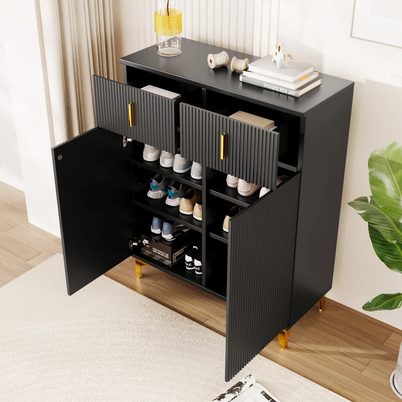 Buffet noir texturé avec détails dorés 2 tiroirs 2 portes SHEZA