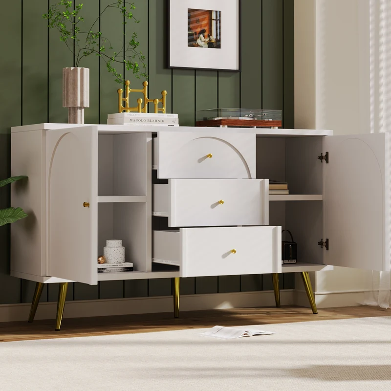 Buffet blanc crème 2 portes et 3 tiroirs poignés et pieds dorés H84/L140/P40cm SENPHOS