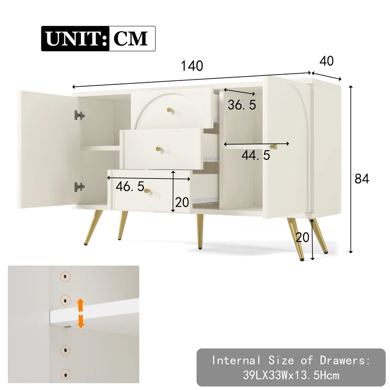 Buffet blanc crème 2 portes et 3 tiroirs poignés et pieds dorés H84/L140/P40cm SENPHOS