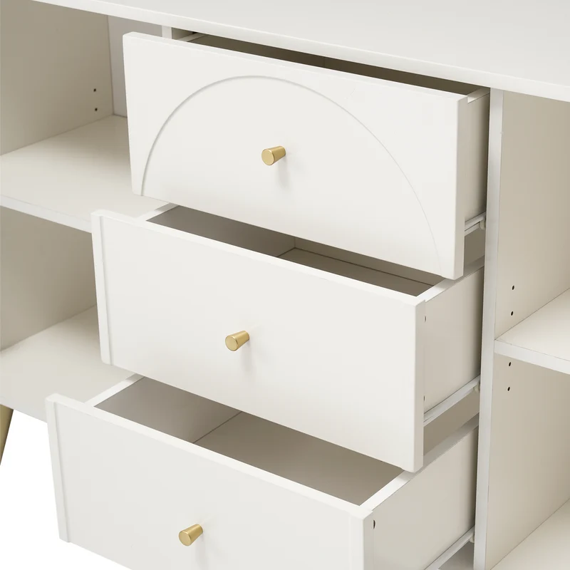 Buffet blanc crème 2 portes et 3 tiroirs poignés et pieds dorés H84/L140/P40cm SENPHOS