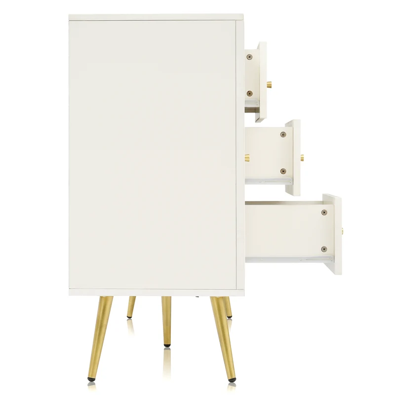 Buffet blanc crème 2 portes et 3 tiroirs poignés et pieds dorés H84/L140/P40cm SENPHOS
