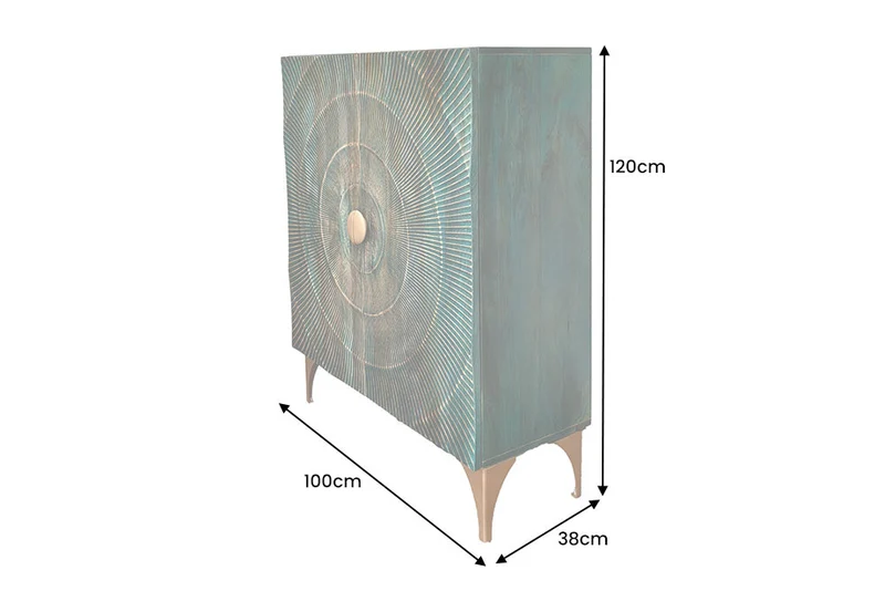 Buffet haut massif GOLDEN SUNSET 120cm en bois de manguier turquoise doré avec sculptures 3D