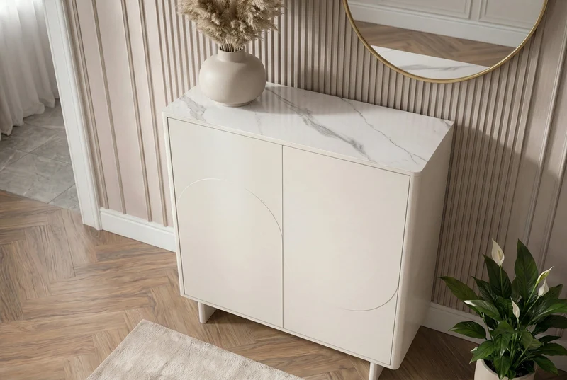 Buffet design SAVOY 130cm cachemire marbre blanc céramique avec rangements et façade 3D