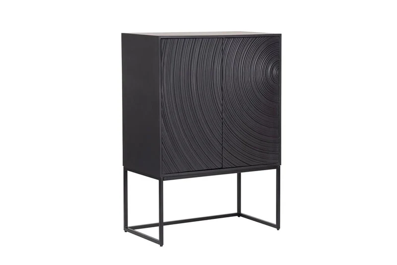 Buffet haut design ORBIT 120cm en manguier noir avec façade 3D en métal