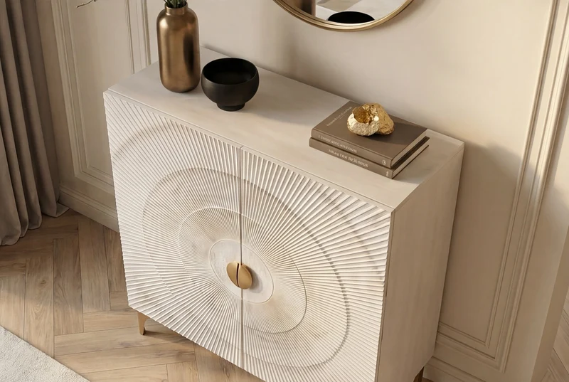 Buffet haut massif GOLDEN SUNSET 120cm en bois de manguier doré blanc avec sculptures 3D