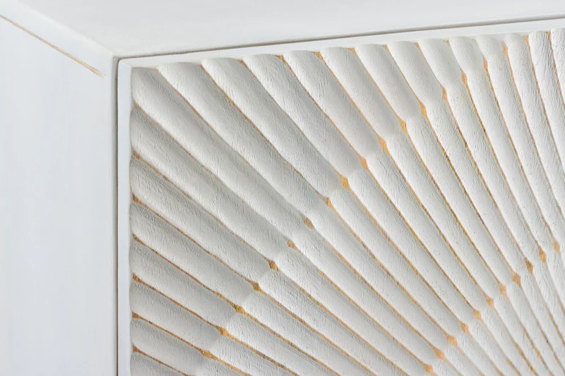 Buffet haut massif GOLDEN SUNSET 120cm en bois de manguier doré blanc avec sculptures 3D