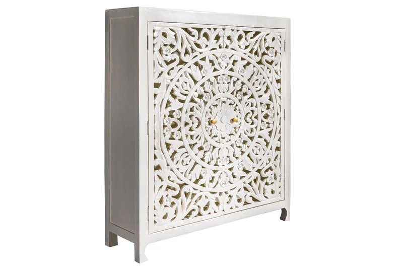 Buffet haut massif MARRAKESCH 140cm en manguier blanc avec décoration faite main