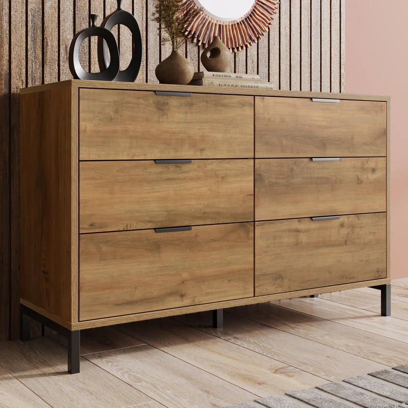 Buffet effet bois chêne foncé 6 tiroirs 120x40x76cm CRENGRIK