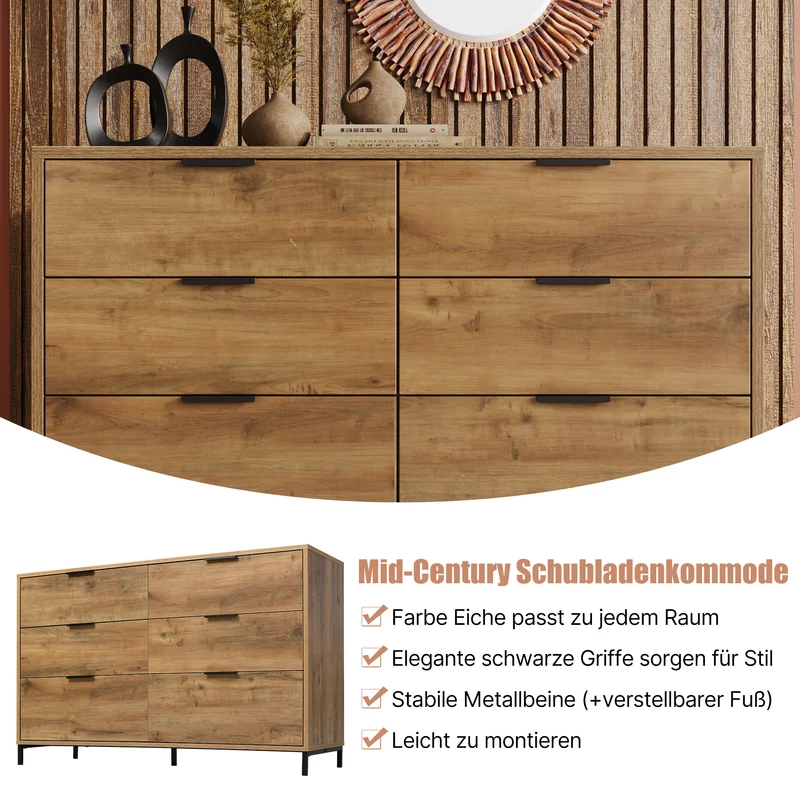 Buffet effet bois chêne foncé 6 tiroirs 120x40x76cm CRENGRIK