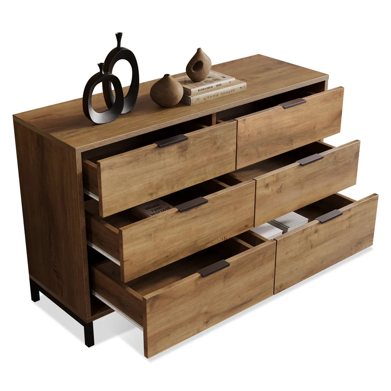 Buffet effet bois chêne foncé 6 tiroirs 120x40x76cm CRENGRIK
