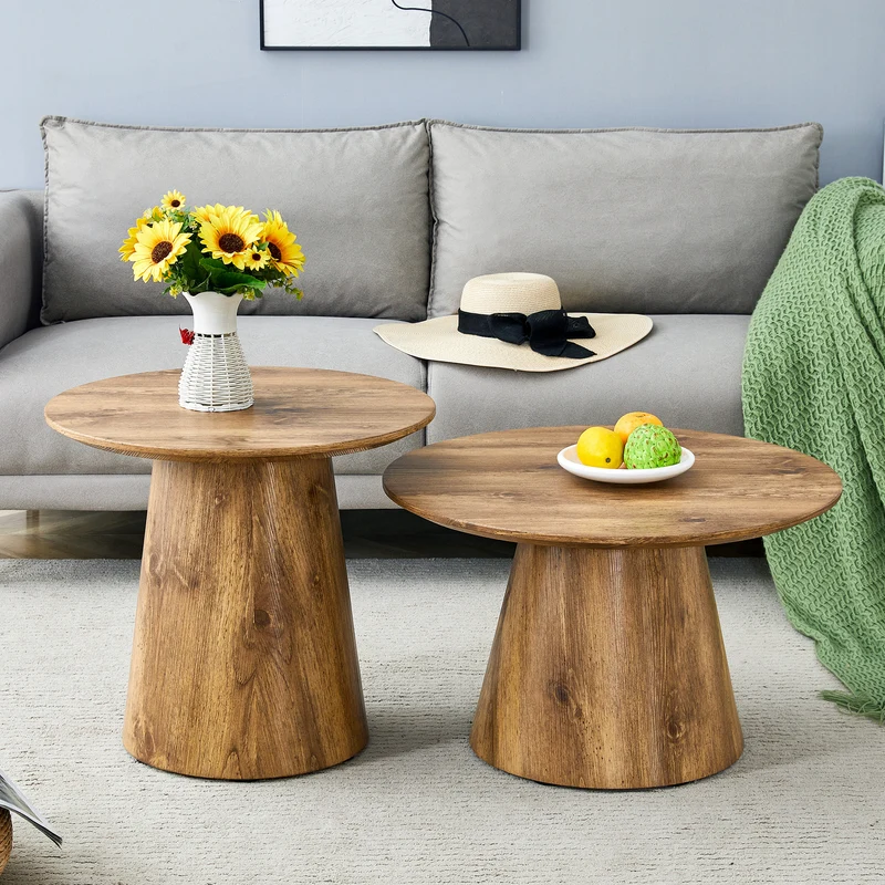 Ensemble de 2 tables basses gigognes rondes effet bois (50×48 cm & 60×35 cm) CYPRESSARA