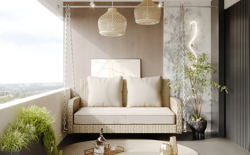 Balançoire de jardin 2 places en rotin beige avec coussins épais, extérieur, dossier lavable 113x54x53cm THALDRAITH