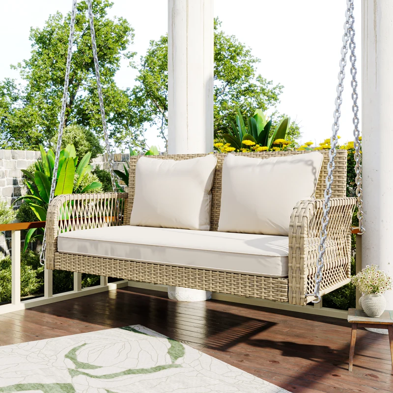 Balançoire de jardin 2 places en rotin beige avec coussins épais, extérieur, dossier lavable 113x54x53cm THALDRAITH