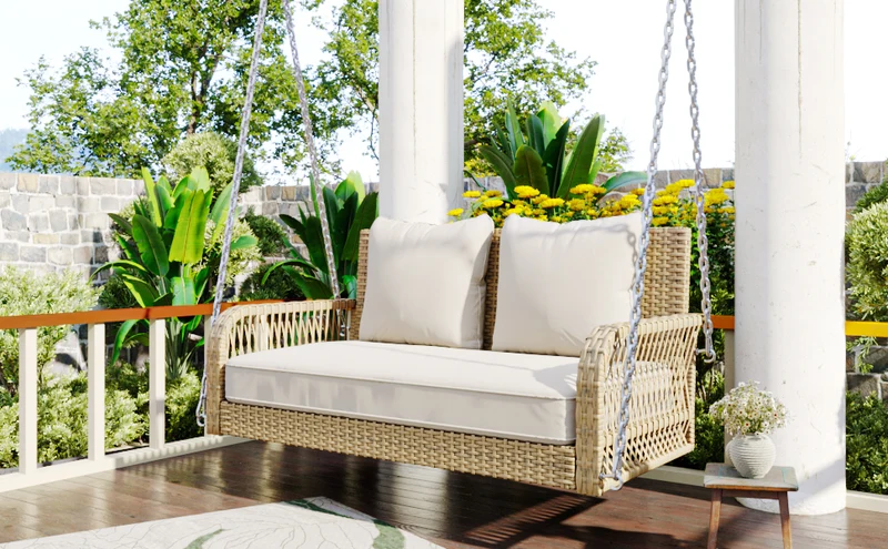 Balançoire de jardin 2 places en rotin beige avec coussins épais, extérieur, dossier lavable 113x54x53cm THALDRAITH