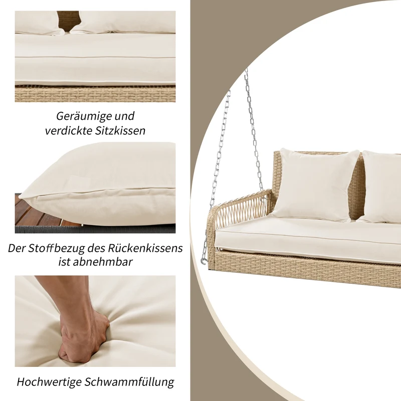 Balançoire de jardin 2 places en rotin beige avec coussins épais, extérieur, dossier lavable 113x54x53cm THALDRAITH