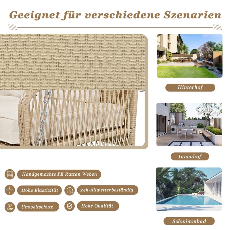 Balançoire de jardin 2 places en rotin beige avec coussins épais, extérieur, dossier lavable 113x54x53cm THALDRAITH