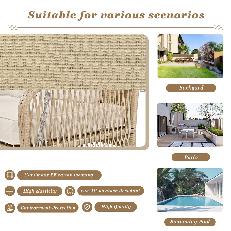 Balançoire de jardin 2 places en rotin beige avec coussins épais, extérieur, dossier lavable 113x54x53cm THALDRAITH