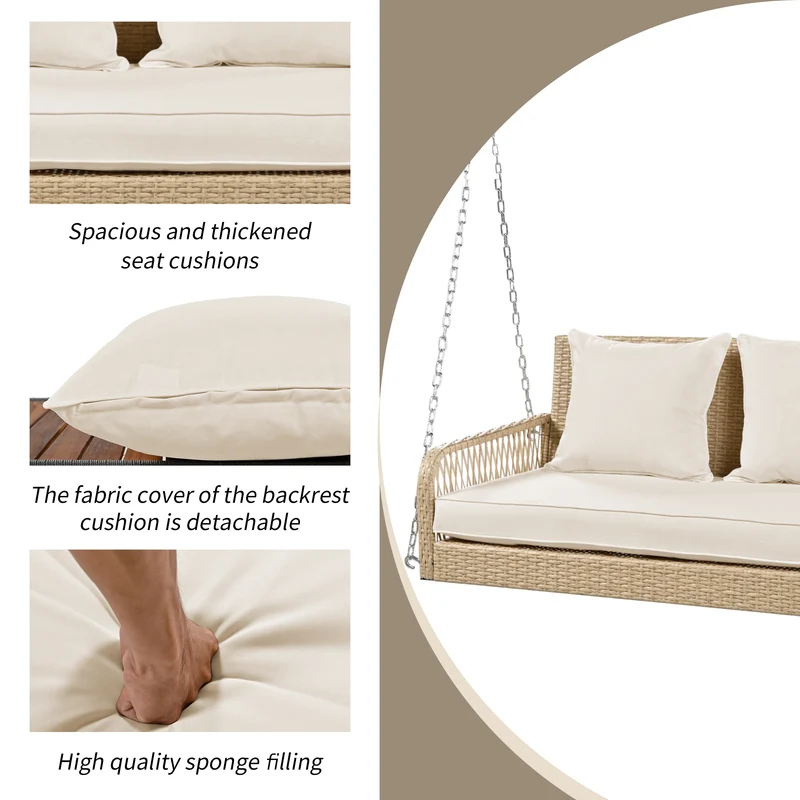 Balançoire de jardin 2 places en rotin beige avec coussins épais, extérieur, dossier lavable 113x54x53cm THALDRAITH