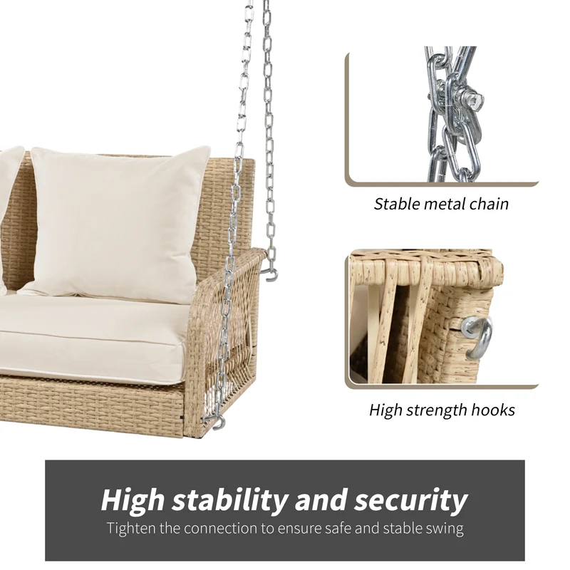 Balançoire de jardin 2 places en rotin beige avec coussins épais, extérieur, dossier lavable 113x54x53cm THALDRAITH