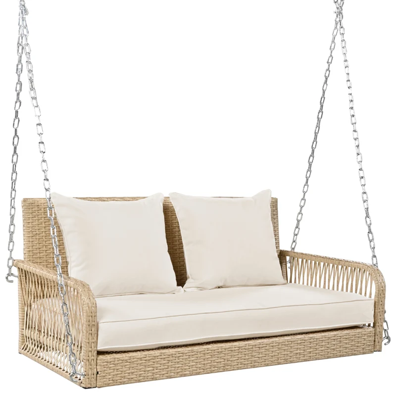 Balançoire de jardin 2 places en rotin beige avec coussins épais, extérieur, dossier lavable 113x54x53cm THALDRAITH