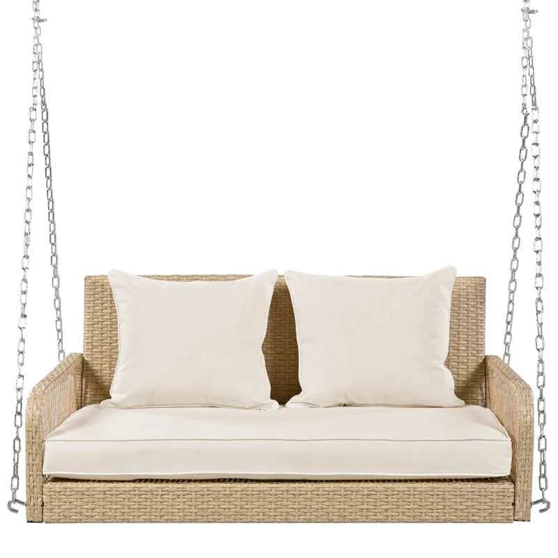 Balançoire de jardin 2 places en rotin beige avec coussins épais, extérieur, dossier lavable 113x54x53cm THALDRAITH