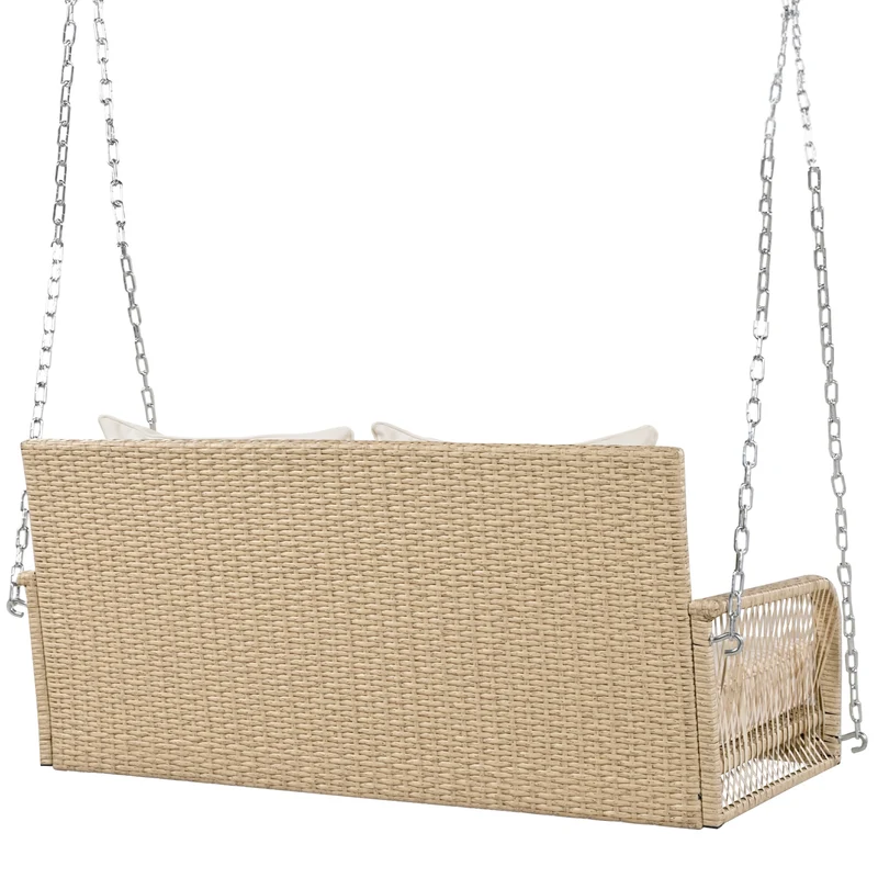 Balançoire de jardin 2 places en rotin beige avec coussins épais, extérieur, dossier lavable 113x54x53cm THALDRAITH