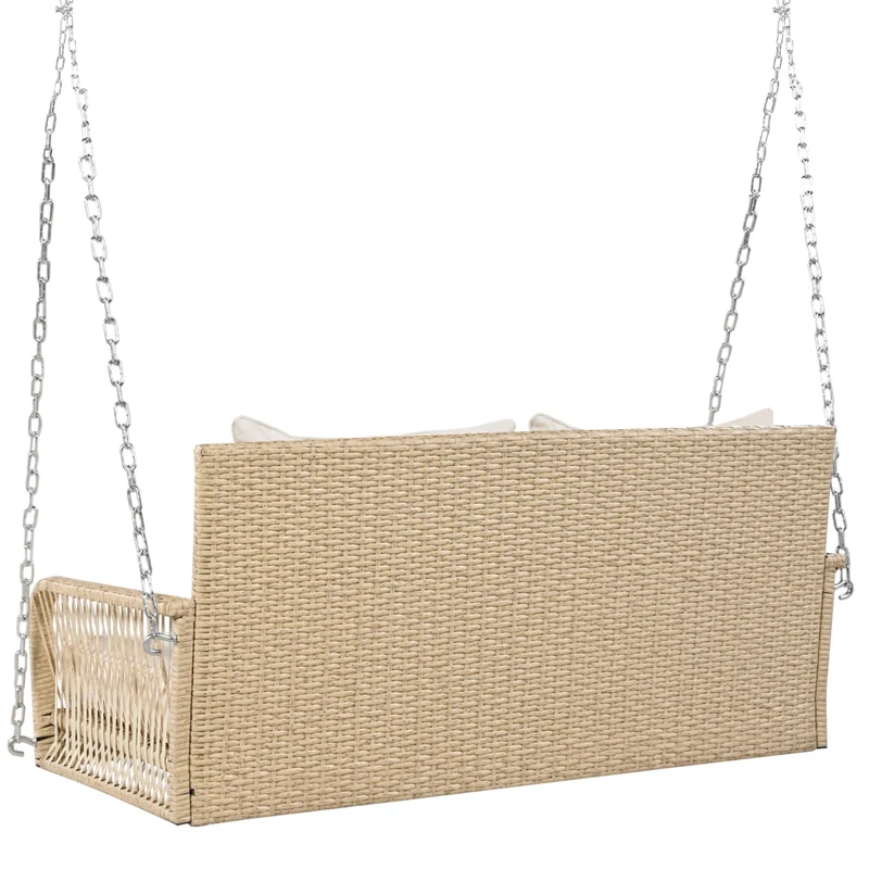 Balançoire de jardin 2 places en rotin beige avec coussins épais, extérieur, dossier lavable 113x54x53cm THALDRAITH