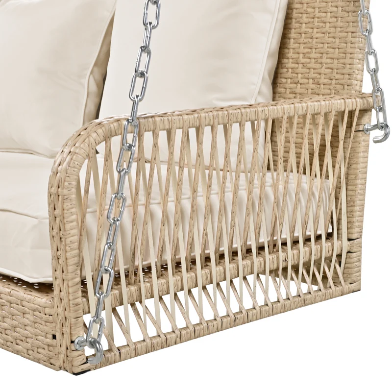 Balançoire de jardin 2 places en rotin beige avec coussins épais, extérieur, dossier lavable 113x54x53cm THALDRAITH