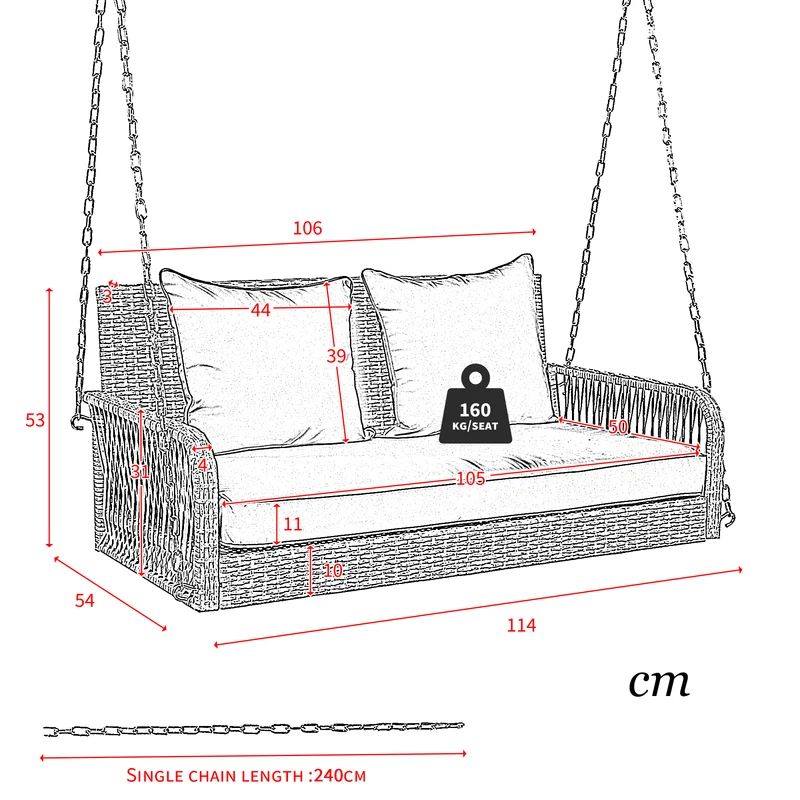 Balançoire de jardin 2 places en rotin beige avec coussins épais, extérieur, dossier lavable 113x54x53cm THALDRAITH