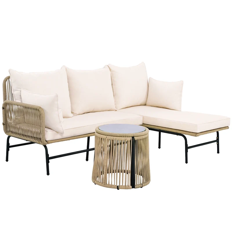 Salon de jardin d'angle en corde tressée beige avec table basse ETHEREALLS