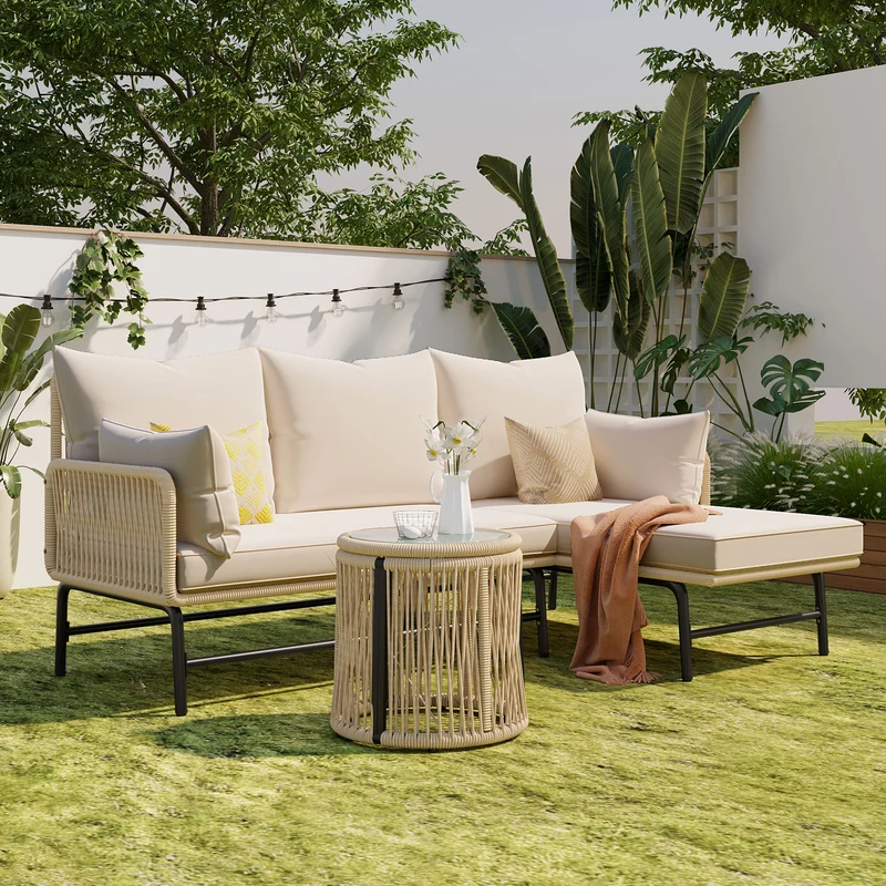 Salon de jardin d'angle en corde tressée beige avec table basse ETHEREALLS