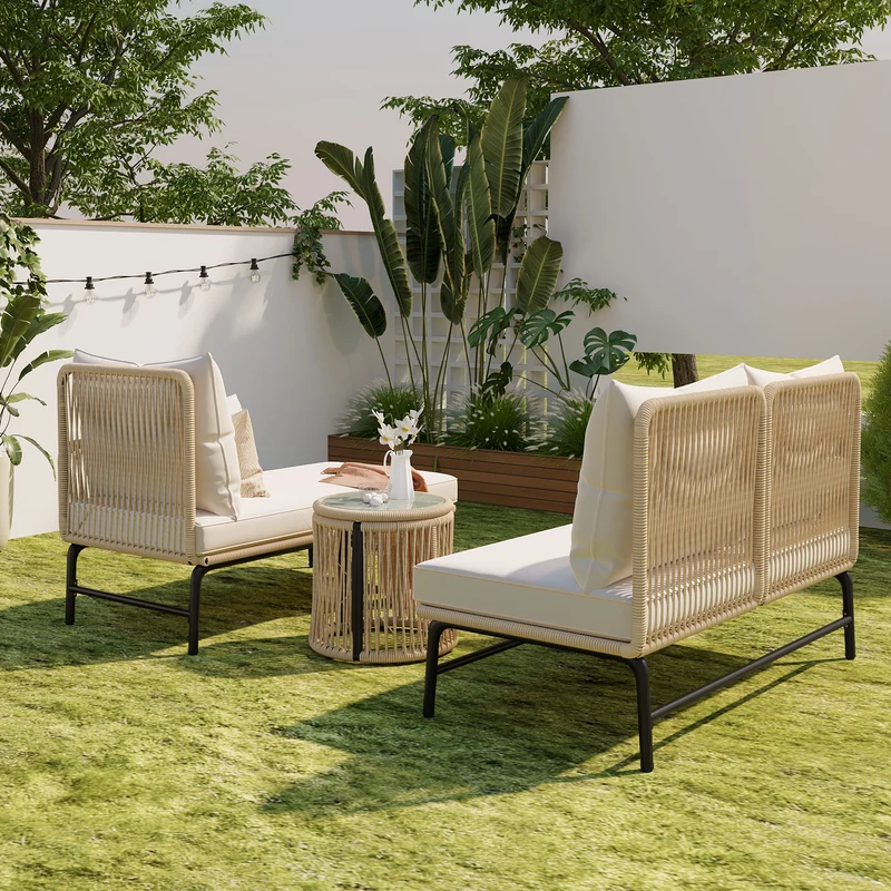 Salon de jardin d'angle en corde tressée beige avec table basse ETHEREALLS
