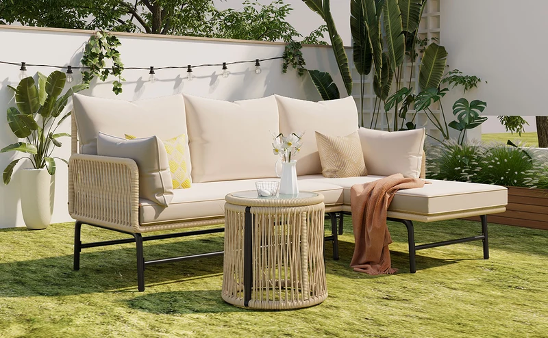 Salon de jardin d'angle en corde tressée beige avec table basse ETHEREALLS