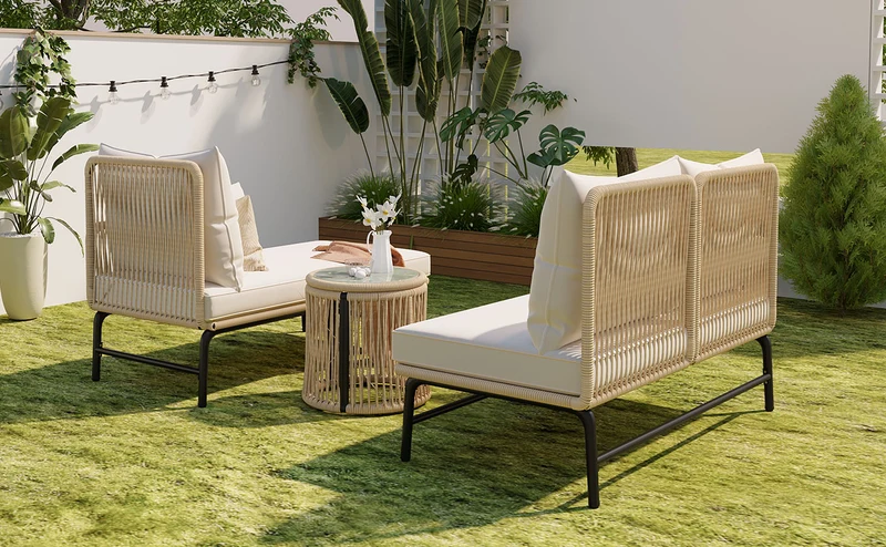 Salon de jardin d'angle en corde tressée beige avec table basse ETHEREALLS
