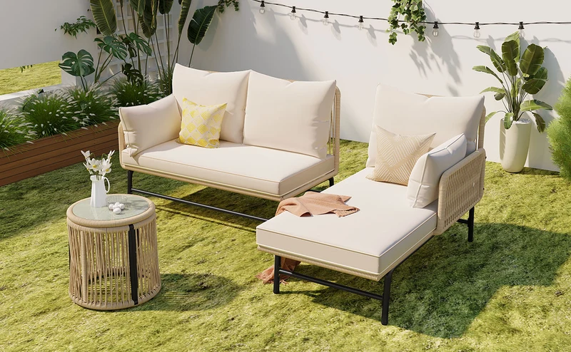 Salon de jardin d'angle en corde tressée beige avec table basse ETHEREALLS