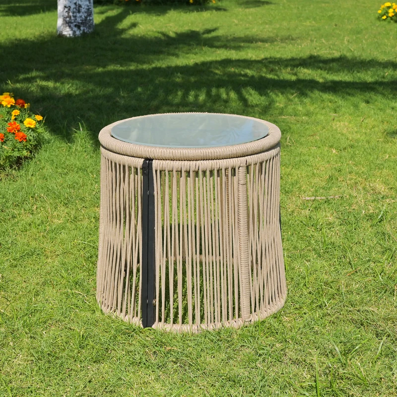 Salon de jardin d'angle en corde tressée beige avec table basse ETHEREALLS