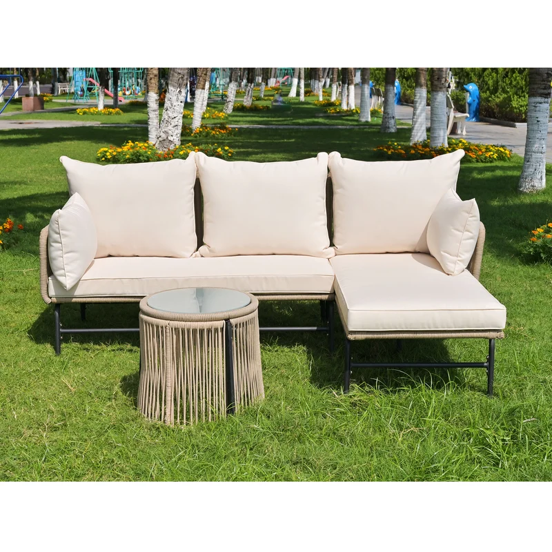 Salon de jardin d'angle en corde tressée beige avec table basse ETHEREALLS