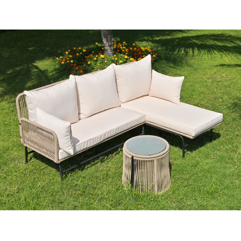 Salon de jardin d'angle en corde tressée beige avec table basse ETHEREALLS