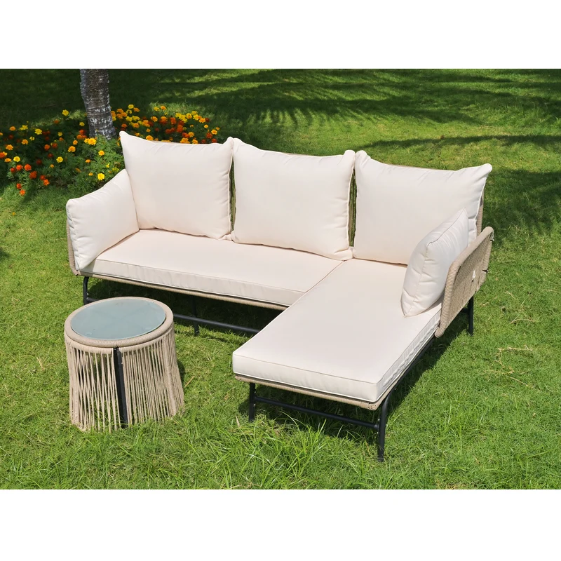 Salon de jardin d'angle en corde tressée beige avec table basse ETHEREALLS