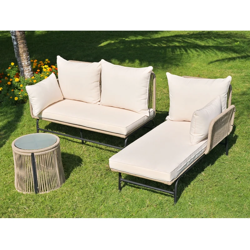 Salon de jardin d'angle en corde tressée beige avec table basse ETHEREALLS