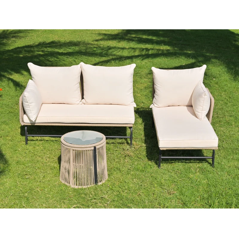 Salon de jardin d'angle en corde tressée beige avec table basse ETHEREALLS