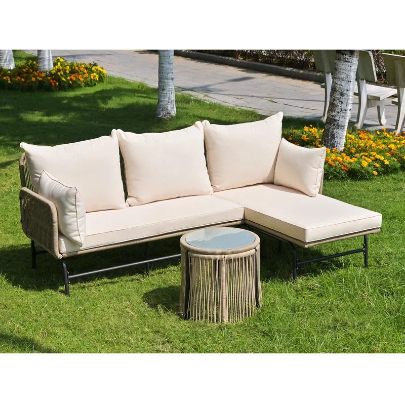 Salon de jardin d'angle en corde tressée beige avec table basse ETHEREALLS