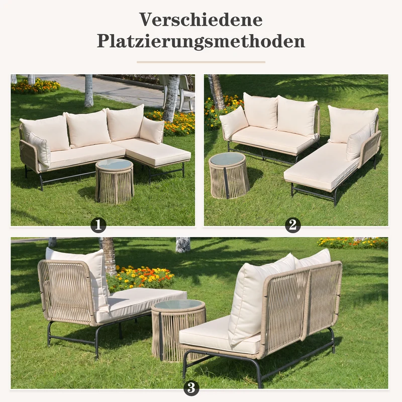 Salon de jardin d'angle en corde tressée beige avec table basse ETHEREALLS