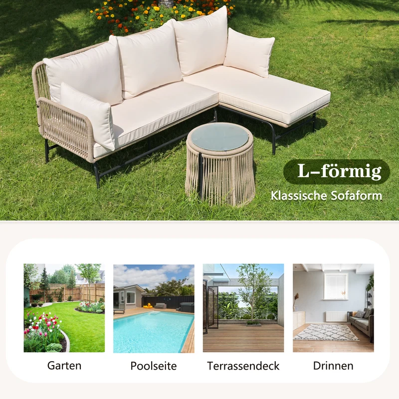 Salon de jardin d'angle en corde tressée beige avec table basse ETHEREALLS