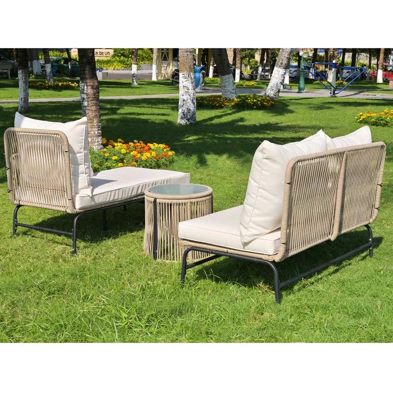 Salon de jardin d'angle en corde tressée beige avec table basse ETHEREALLS