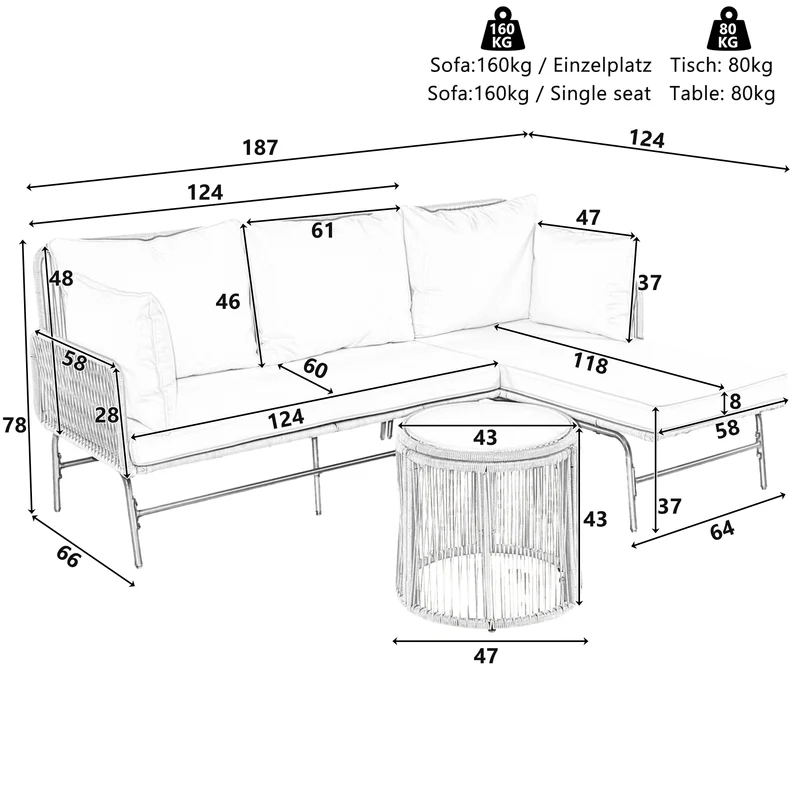 Salon de jardin d'angle en corde tressée beige avec table basse ETHEREALLS